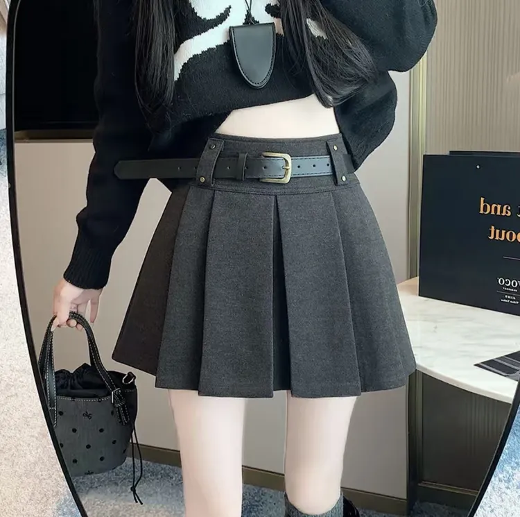 2025年秋冬新款高腰显瘦复古厚款毛呢百褶裙秋冬a字半身短裙胖mm