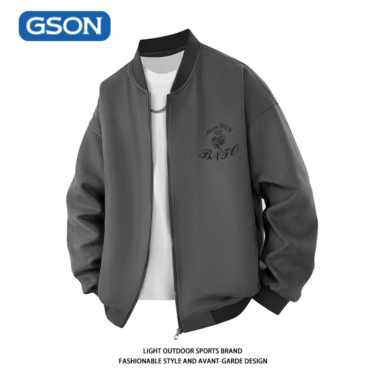 GSON春秋美式玫瑰花印花棒球领工装夹克oversize潮牌痞帅重磅外套