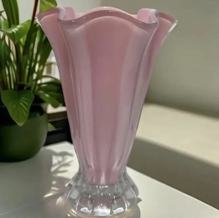 新款粉色中古芬顿白菜玻璃花瓶客厅摆件高级感水养郁金香插花花瓶