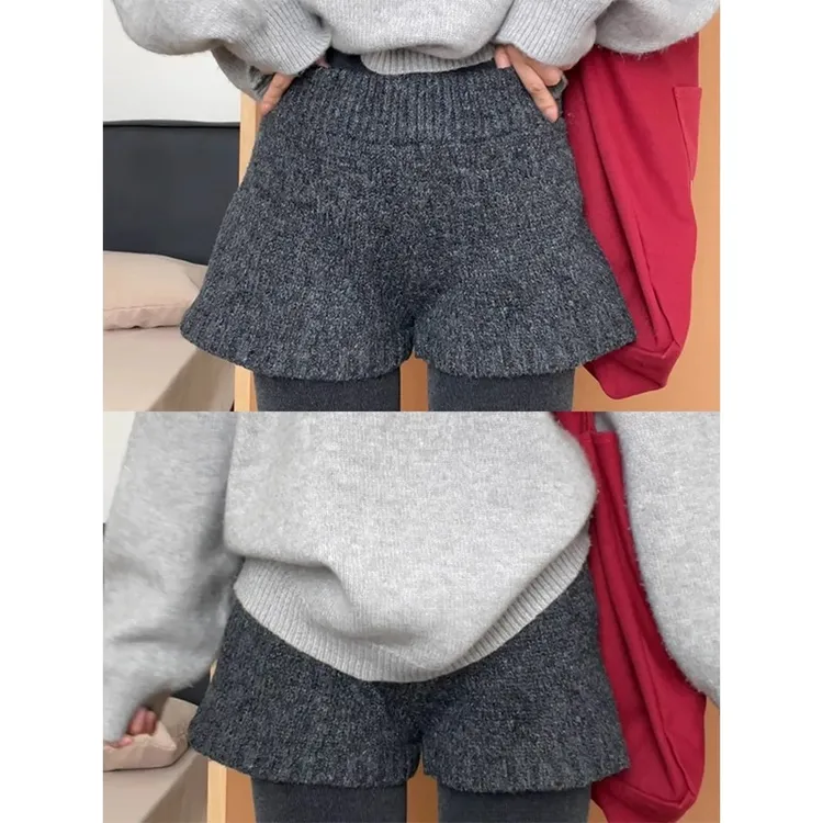 灰色针织短裤女冬外穿2026新款高腰a字包臀靴裤小个子打底毛衣裤