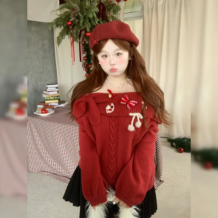 徐达布【新年漫舞】大码红色毛衣女冬季新款减龄针织衫M40499C61