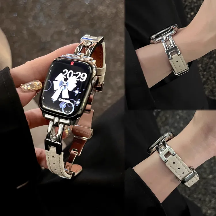 高级感金属滑梯皮质蝴蝶扣表带适用华为FIT3/fit2苹果iwatchS10s9