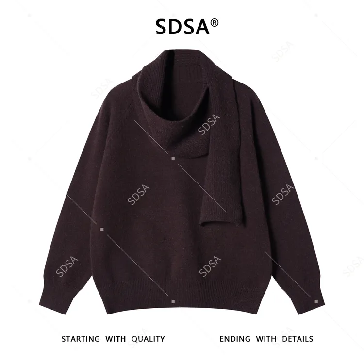 SDSA秋冬新款痞帅男装美式复古可拆卸围巾V领毛衣百搭时尚针织衫