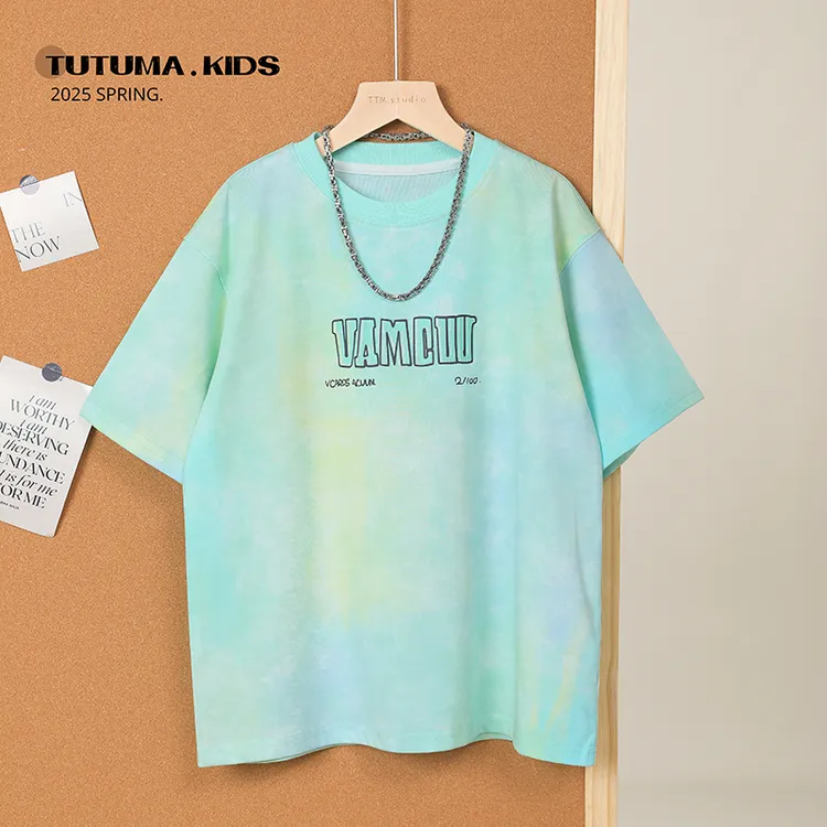 现货图图妈【多巴胺 潮酷扎染T】男女童圆领宽松休闲短袖中大童潮牌