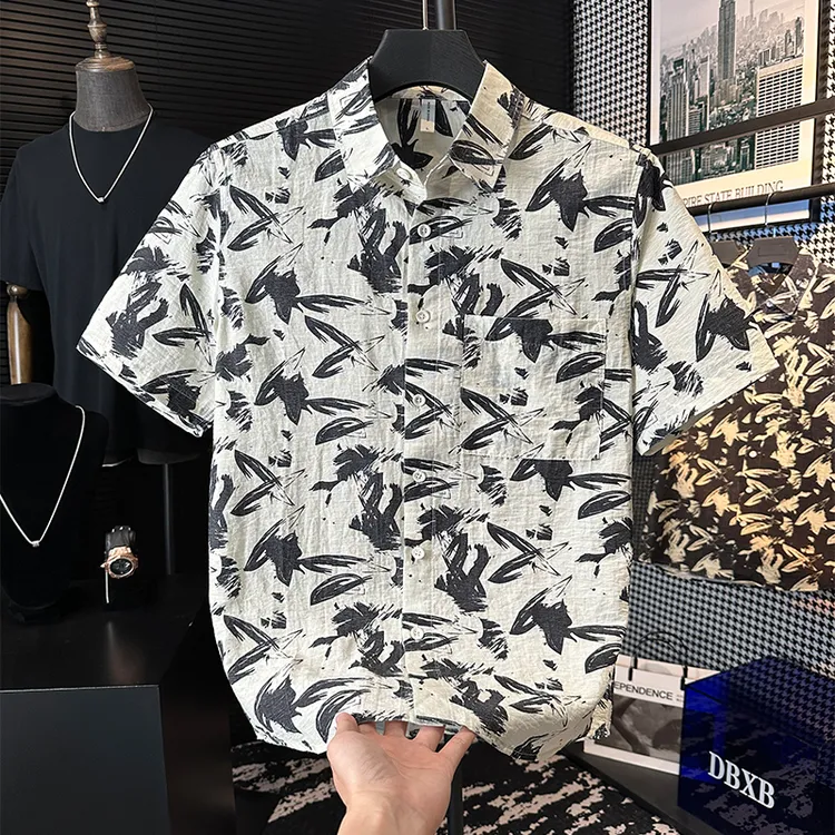 轻奢日系个性印花短袖衬衫男夏季薄款亚麻休闲宽松透气麻料上衣潮