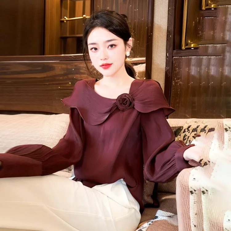 2025年春季独特漂亮女士气质高级感上衣酒红色蝴蝶结灯笼袖雪纺衫