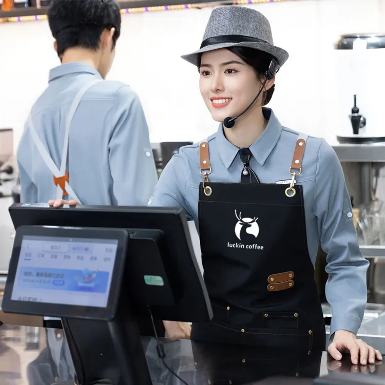 帆布防泼水围裙定制logo印字餐饮专用奶茶店花咖啡理发店工作围裙
