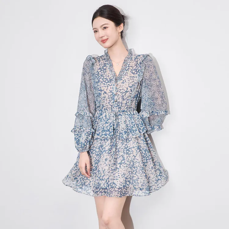 2025夏季新款法式雪纺豹纹高品质印花双绉收腰减龄小众气质连衣裙