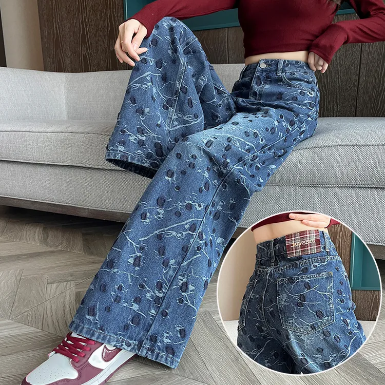 超火印花窄版直筒牛仔裤2025秋季女流行设计感贴布樱花刺绣阔腿裤