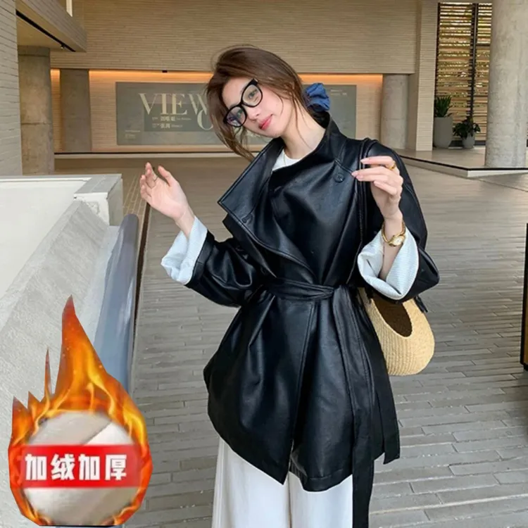 加绒加厚韩女氛围~设计高级感炸街复古黑色PU皮西装皮衣外套女