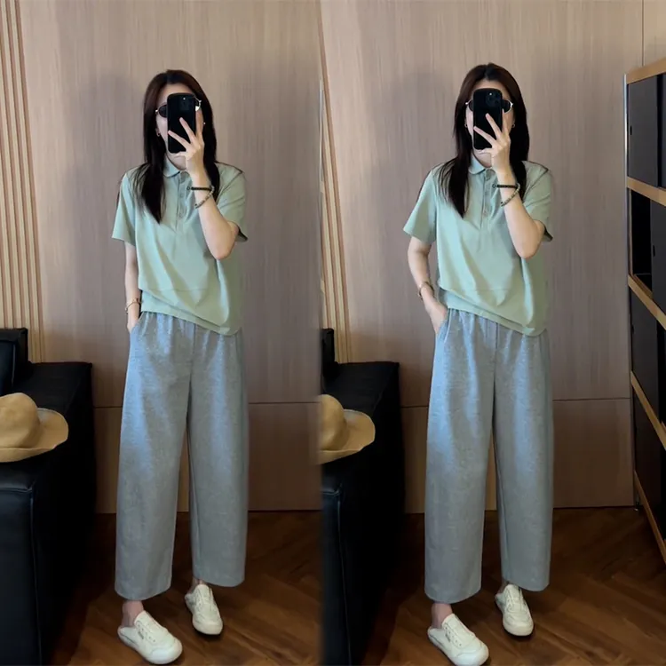 夏季减龄穿搭一整套高级感设计翻领上衣短袖搭配显瘦休闲裤套装