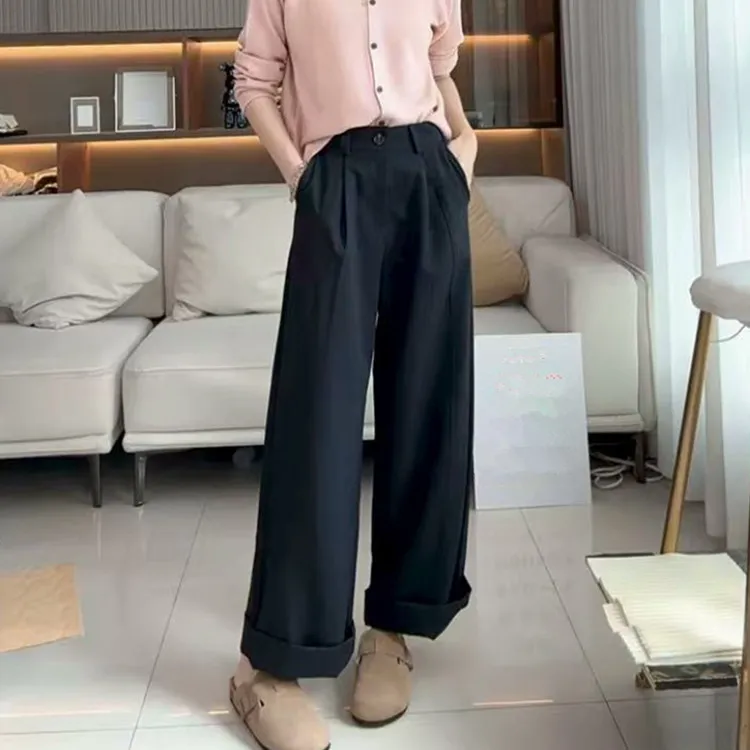 春季九分裤子女大码百搭新款高腰裤女黑色秋季显瘦阔腿裤女宽松