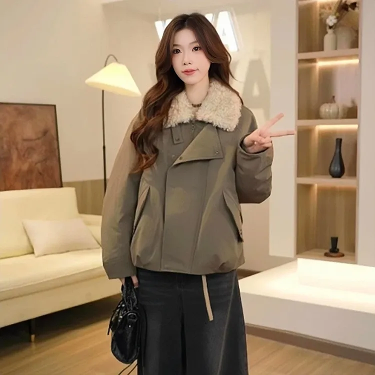 拉夏贝尔时尚翻领外套女2025秋冬季新款小个子韩版宽松遮肉上衣女