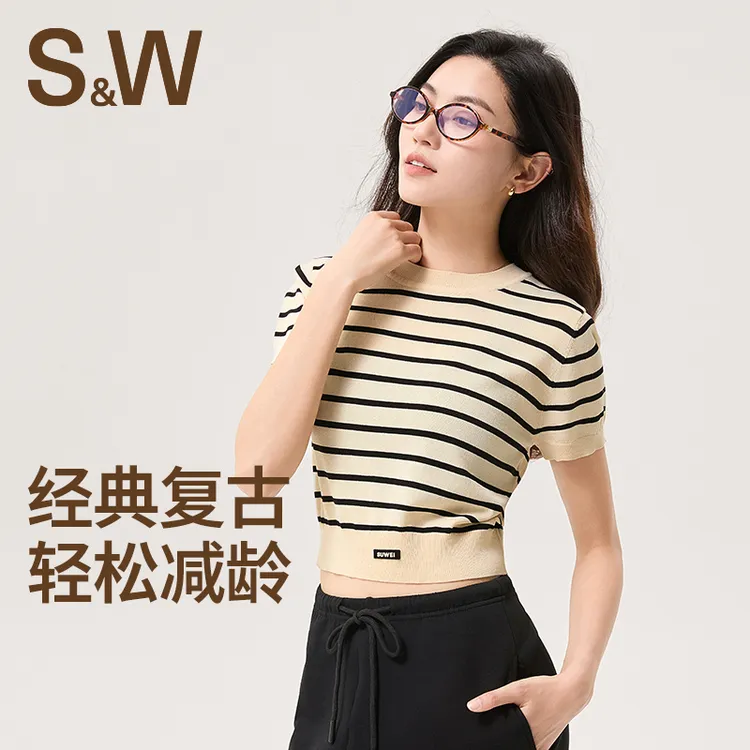 SW速惟 休闲复古短T女春夏季条纹修身显瘦时尚运动短袖 4236 z2