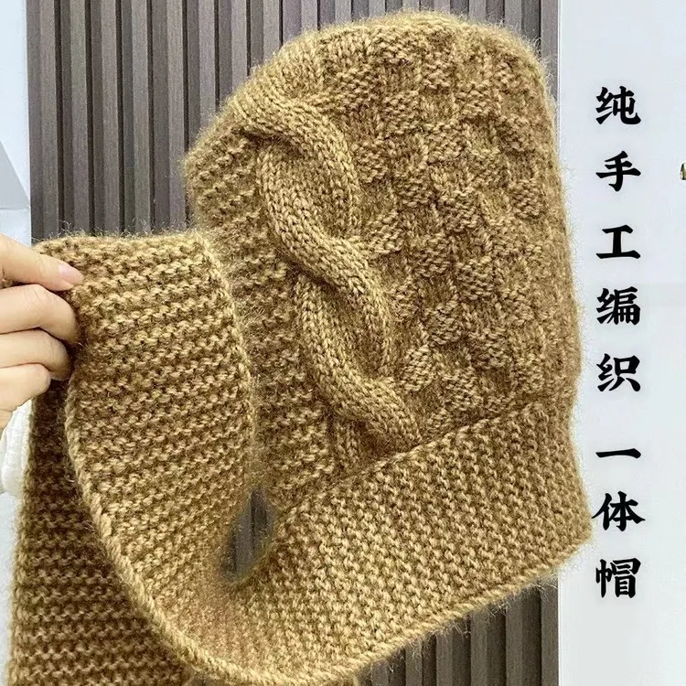新款纯手工编织一体帽秋冬包头帽松鼠绒帽子针织帽子百搭保暖