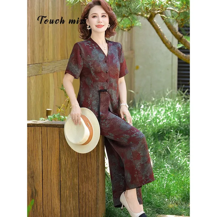 TOUCH MISS夏装洋气国风短袖套装中老年时尚女装雪纺t恤裤子两件