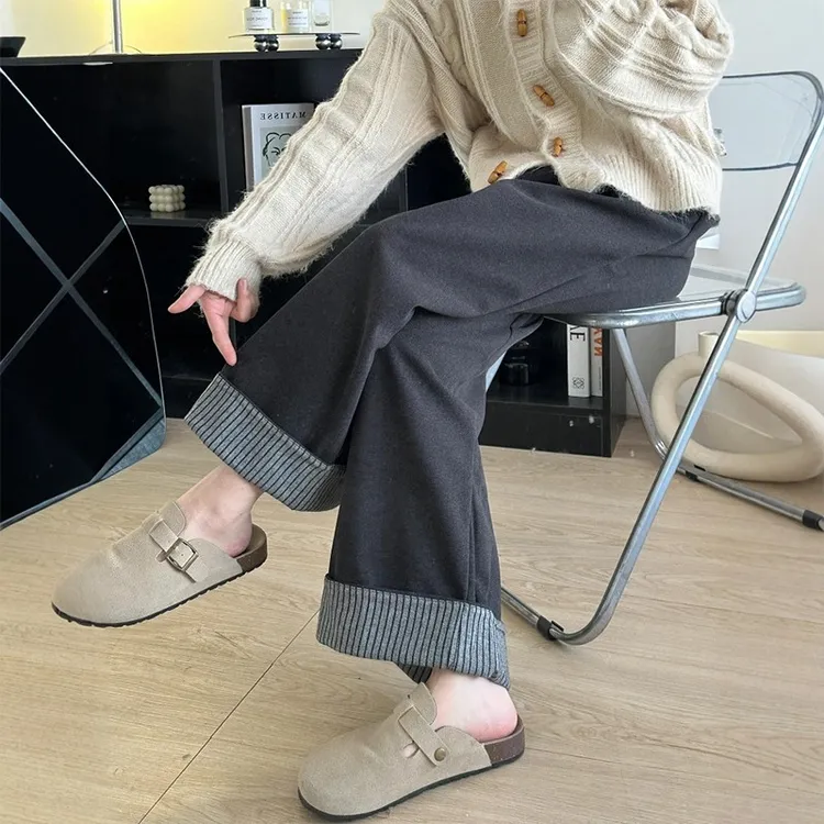 深灰色裤脚拼接宽松显瘦阔腿裤女秋冬新款加绒加厚毛呢大码休闲裤