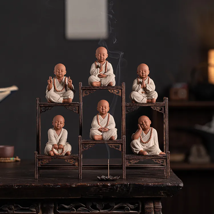 新中式六度小和尚高端家用茶室书房桌面可养茶宠紫砂手工陶瓷摆件