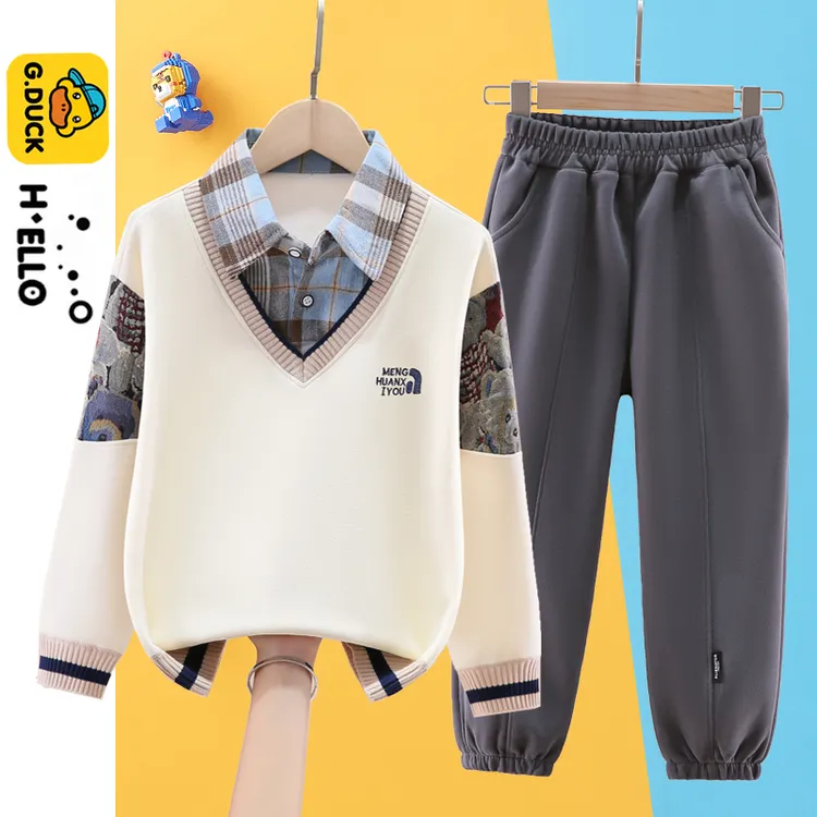 G.DUCKKIDS小黄鸭休闲风秋冬民族风卫衣套装秋款童装秋冬男童长裤
