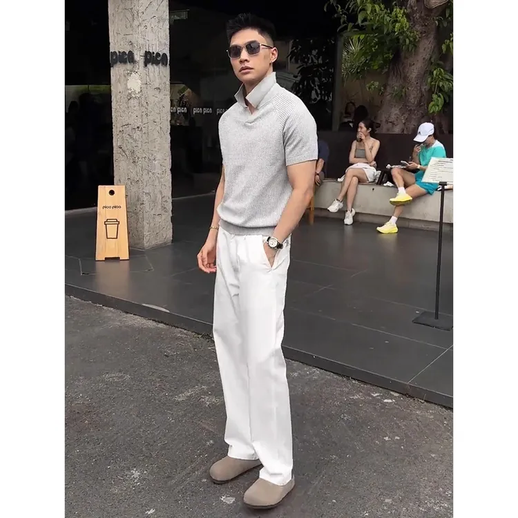 FAVMARTHA白色高腰牛仔裤男士老钱风裤子垂感高级感窄版直筒弯刀