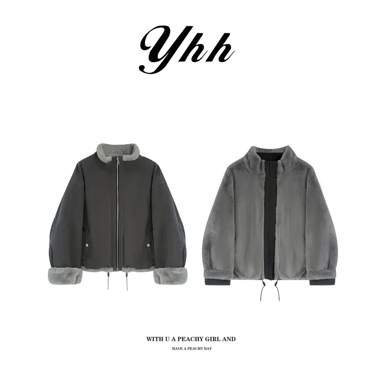  【余欢欢】冬季韩版时尚立领两面穿毛毛外套-YHW51150