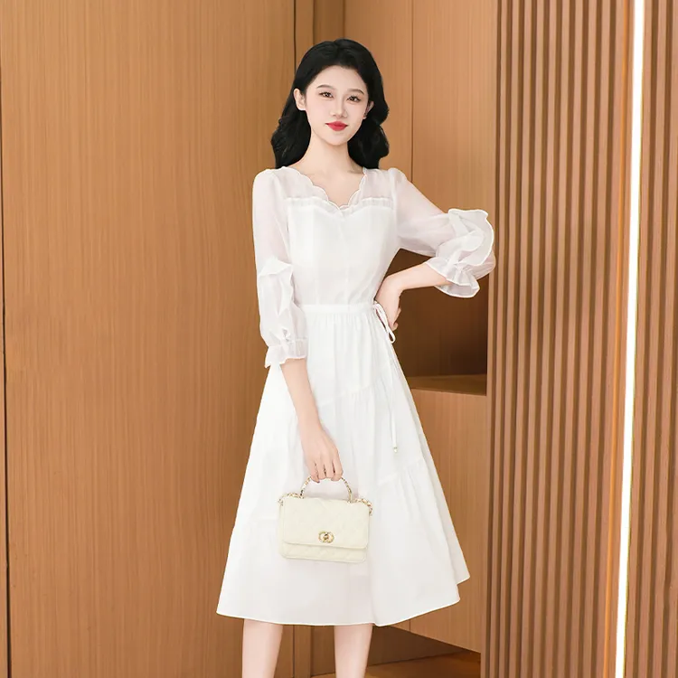 琪琪女装直播间2025新款广州十三行INS风轻奢白色连衣裙27301