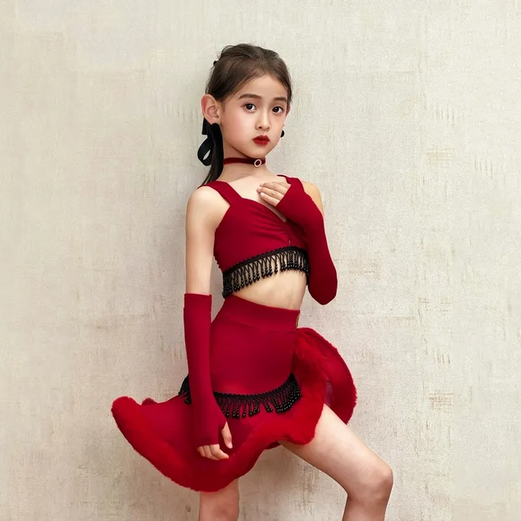CONNY拉丁舞套装女儿童练功汇演出表演服吊带上衣舞蹈鱼骨裙红色