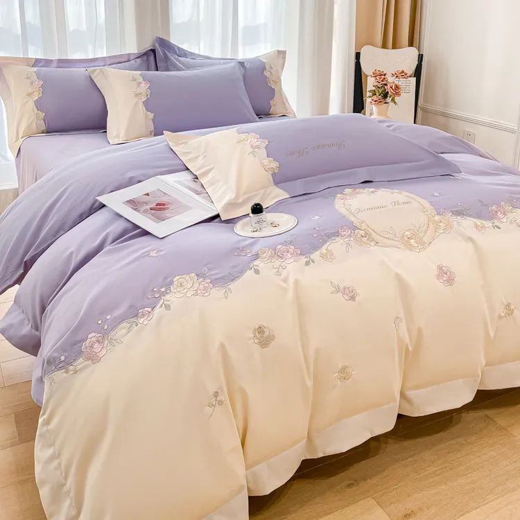 女孩子纯棉200支双股长绒棉四件套花卉刺绣被套全棉床上被套