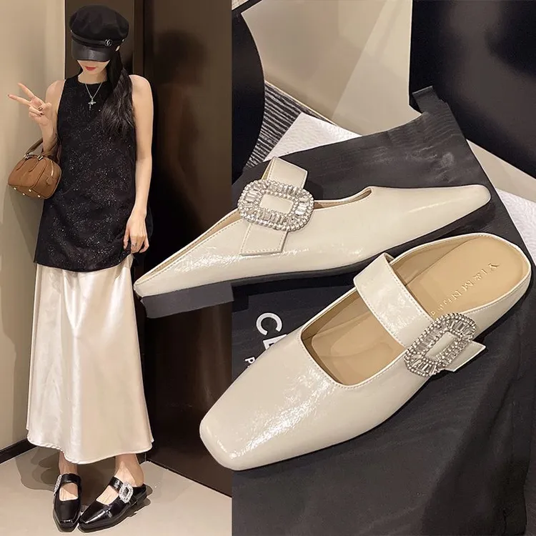 半拖鞋平底女鞋2025早春新款晚晚鞋水钻拖鞋