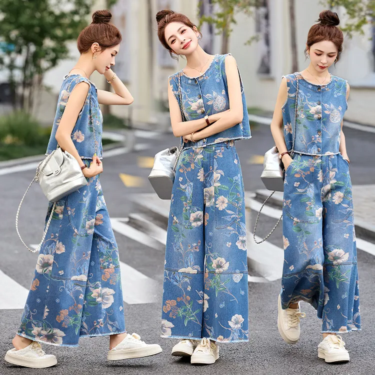 新中式国风复古小众设计感宽松显瘦印花牛仔马甲阔腿裤两件套夏季