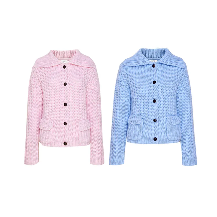 TRACYCHU lp原绒cashmere艺术针织法式粗辫马卡龙粉/蓝山羊绒开衫