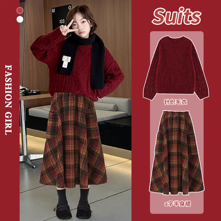女童拜年服2026新年儿童本命12岁红色毛衣长裙女大童过年衣服裙子