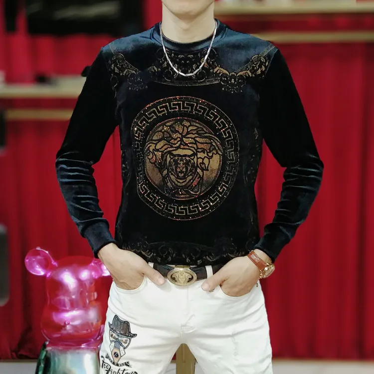 男士秋冬休闲时尚帅气重工烫钻长袖打底百搭修身潮流中领加绒卫衣