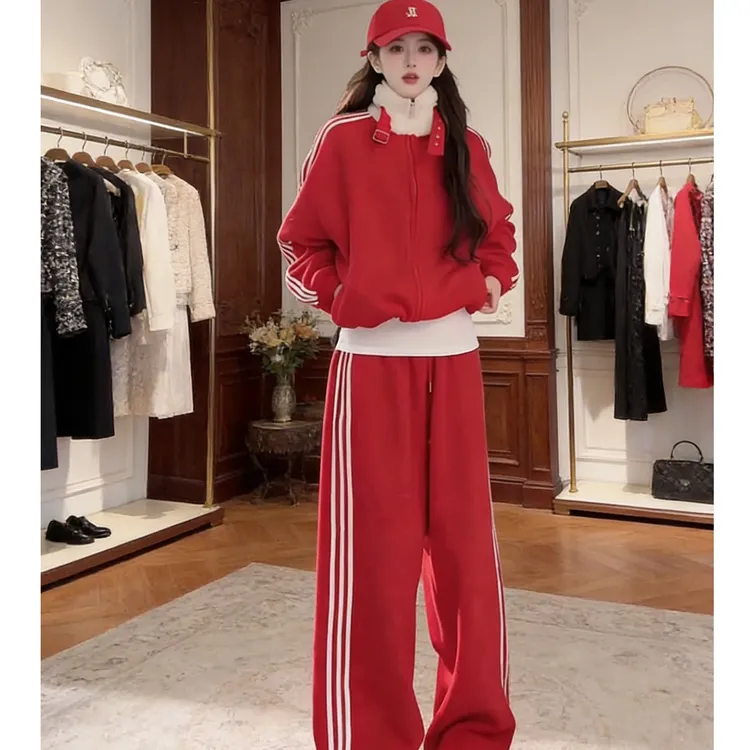 欧货红色运动套装女秋冬季羊羔绒时尚休闲条纹两件套宽松百搭穿搭