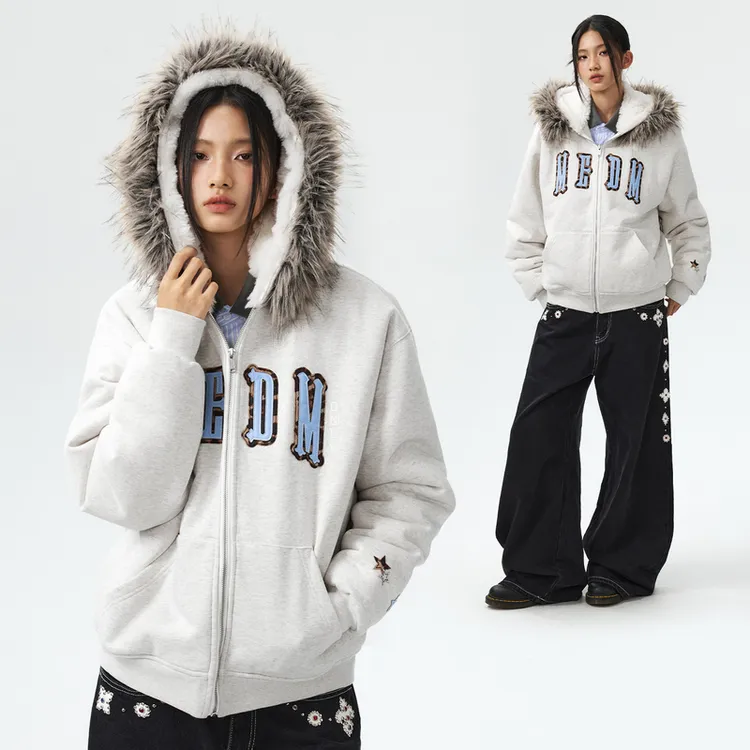 MEDM 贴布座山雕连帽卫衣棉服美式休闲男女保暖毛领棉衣秋冬