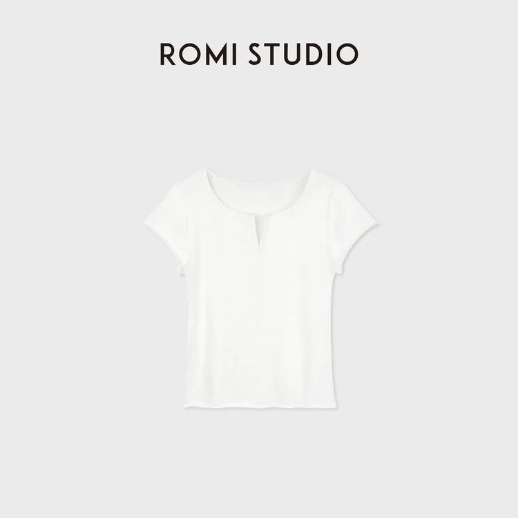 ROMI STUDIO超柔竹节棉感砂洗肌理小亨利领短袖T恤 RWDSSY2424