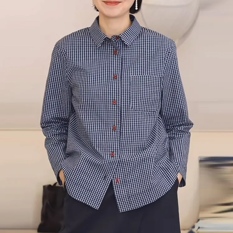 长袖蓝色格子衬衫女2025秋季新款轻奢高级感减龄洋气宽松休闲衬衣