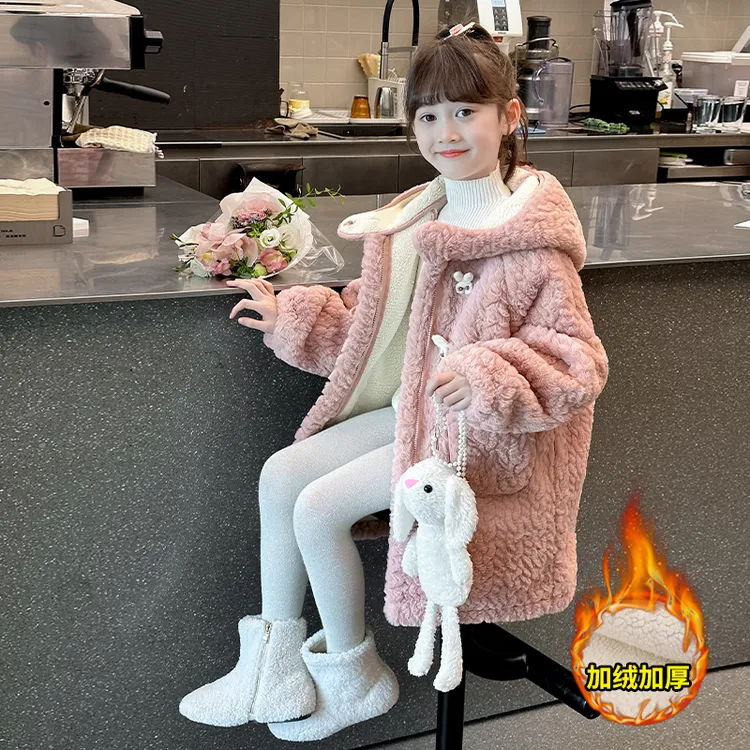 女童加绒外套秋冬款2025新款儿童加厚羊羔绒毛毛衣冬季洋气中长款