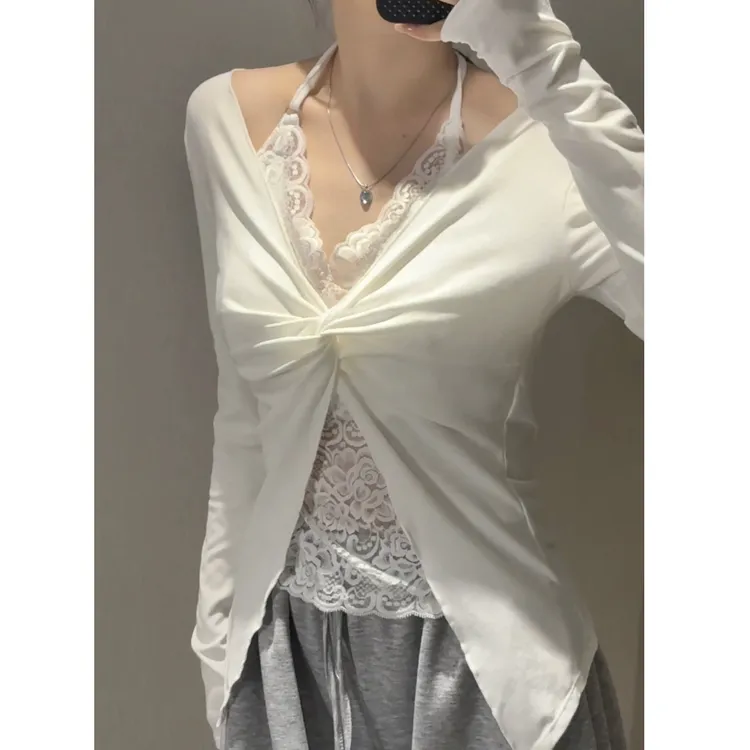 法式纽结蕾丝夏季性感开叉拼接挂脖吊带背心v领带胸垫修身上衣