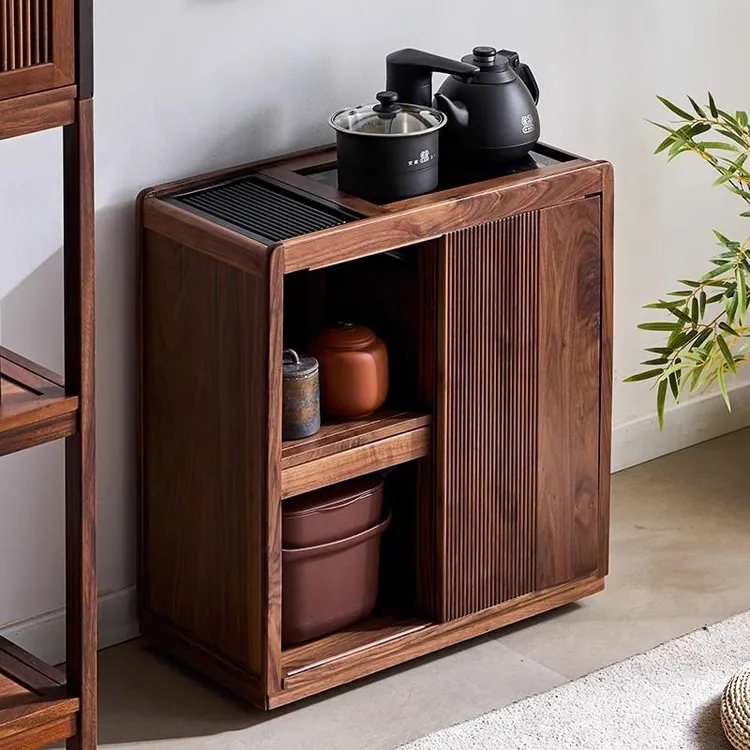 移动茶水柜家用实木茶台北美黑胡桃简约茶桌边柜茶几烧水壶一体式