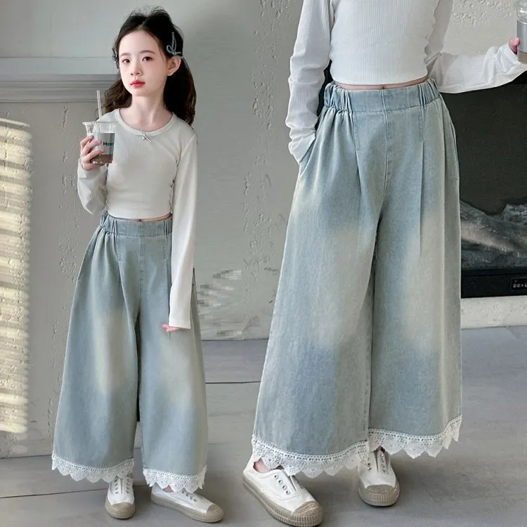 女童裤子2025新款儿童裤子女童牛仔裤春儿童春款直筒显瘦花边裤ZL