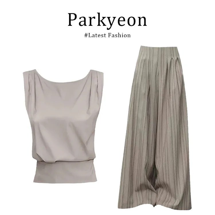 parkyeon2025夏季套装女无袖绑带修身上衣阔腿条纹拖地长裤两件套