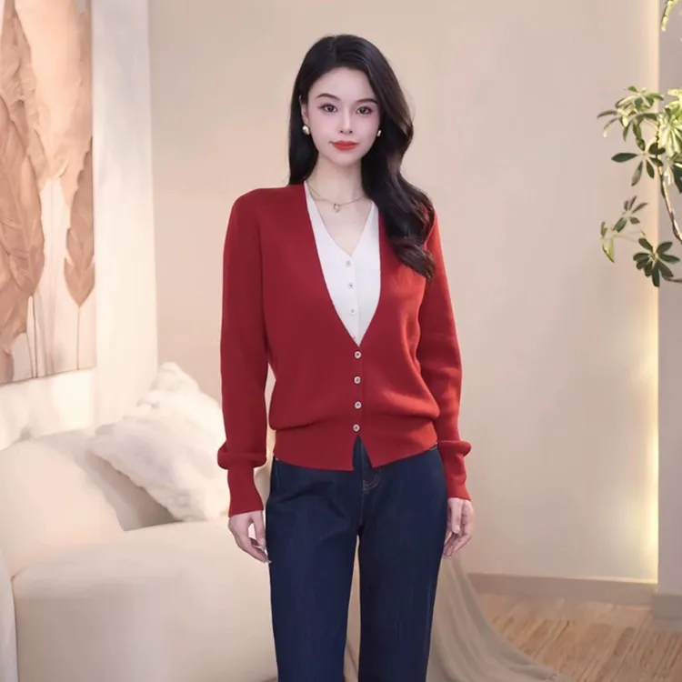 魅言秋新款慵懒风时尚撞色V领显瘦假两件长袖羊毛针织开衫女上衣