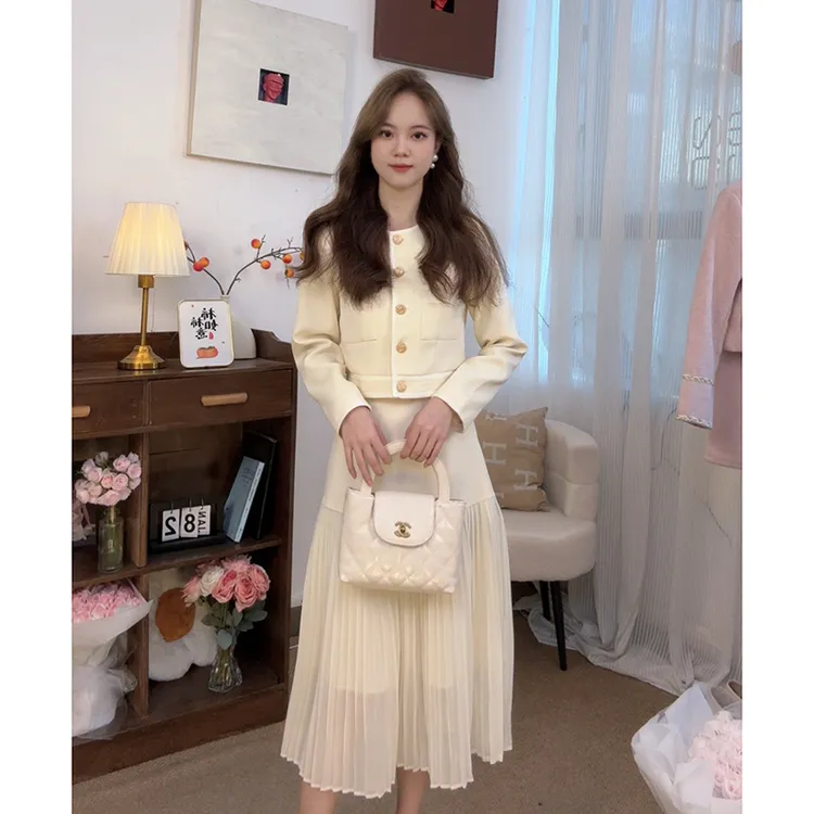 小香风高级感套装裙女2025秋冬新款时尚雪纺拼接半身裙两件套裙装