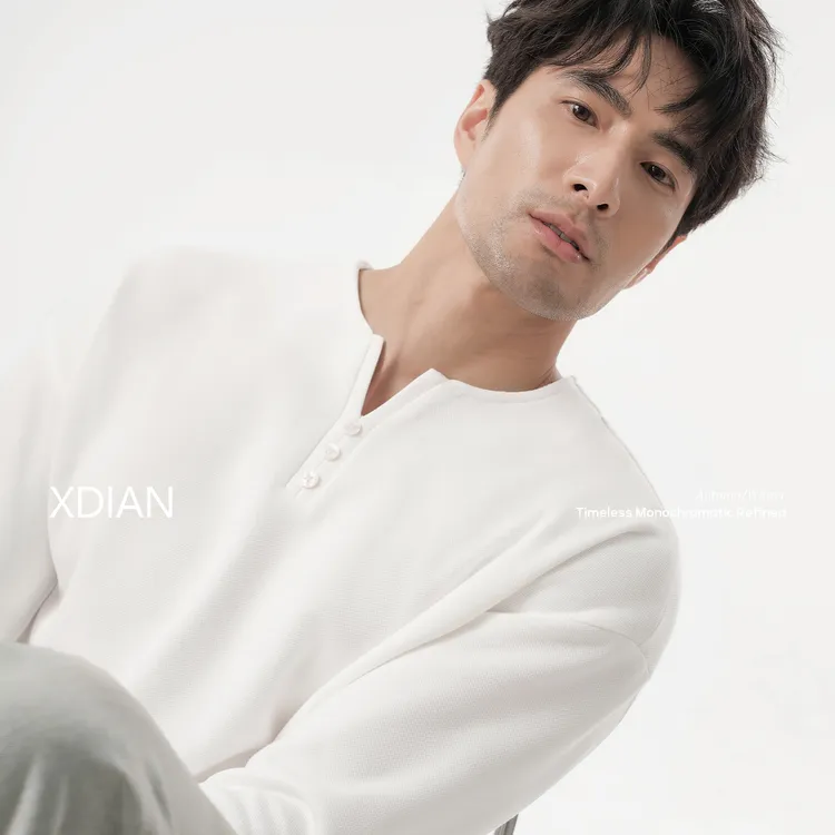 XDIAN/续点长袖t恤2025新款美式复古亨利领男春秋季休闲上衣