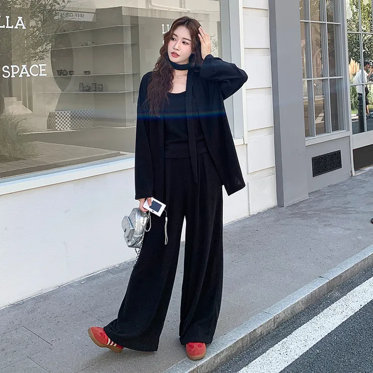 2025新款韩版气质松弛感简约开衫外套吊带休闲阔腿裤三件套装女