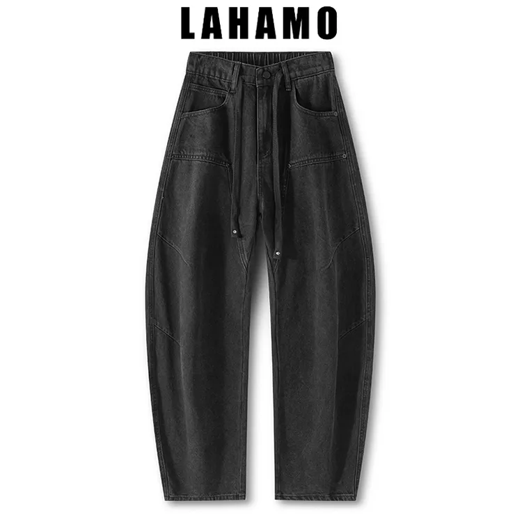 Lahamo/癞蛤蟆AC立体复古潮牌松紧腰百搭男士弯刀宽松牛仔裤3540
