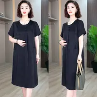 恩狐夏季新款高端大气宽松大码中老年圆领妈妈装连衣裙