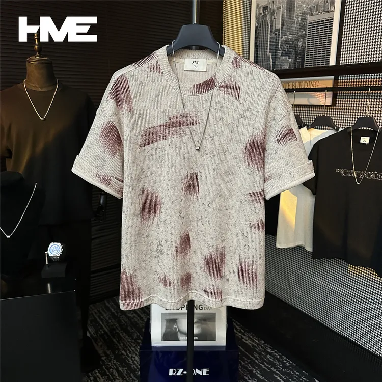 【HMEYAO】夏季撞色扎染不规则涂鸦潮流设计T恤针织肌理感圆领短袖