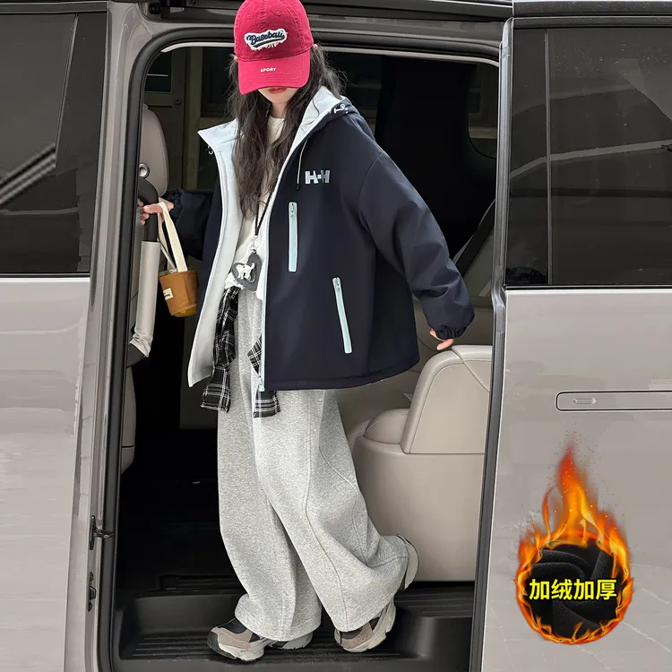 女童加绒外套秋冬2025新款奥粒绒双面穿大童女孩冬季加厚冲锋衣潮